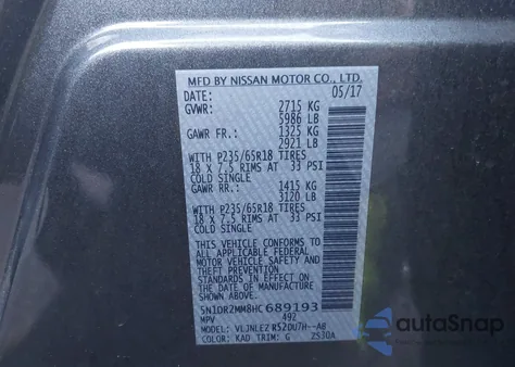 2017 Nissan Pathfinder Sv из США, поврежденный, VIN 5N1DR2MM8HC689193